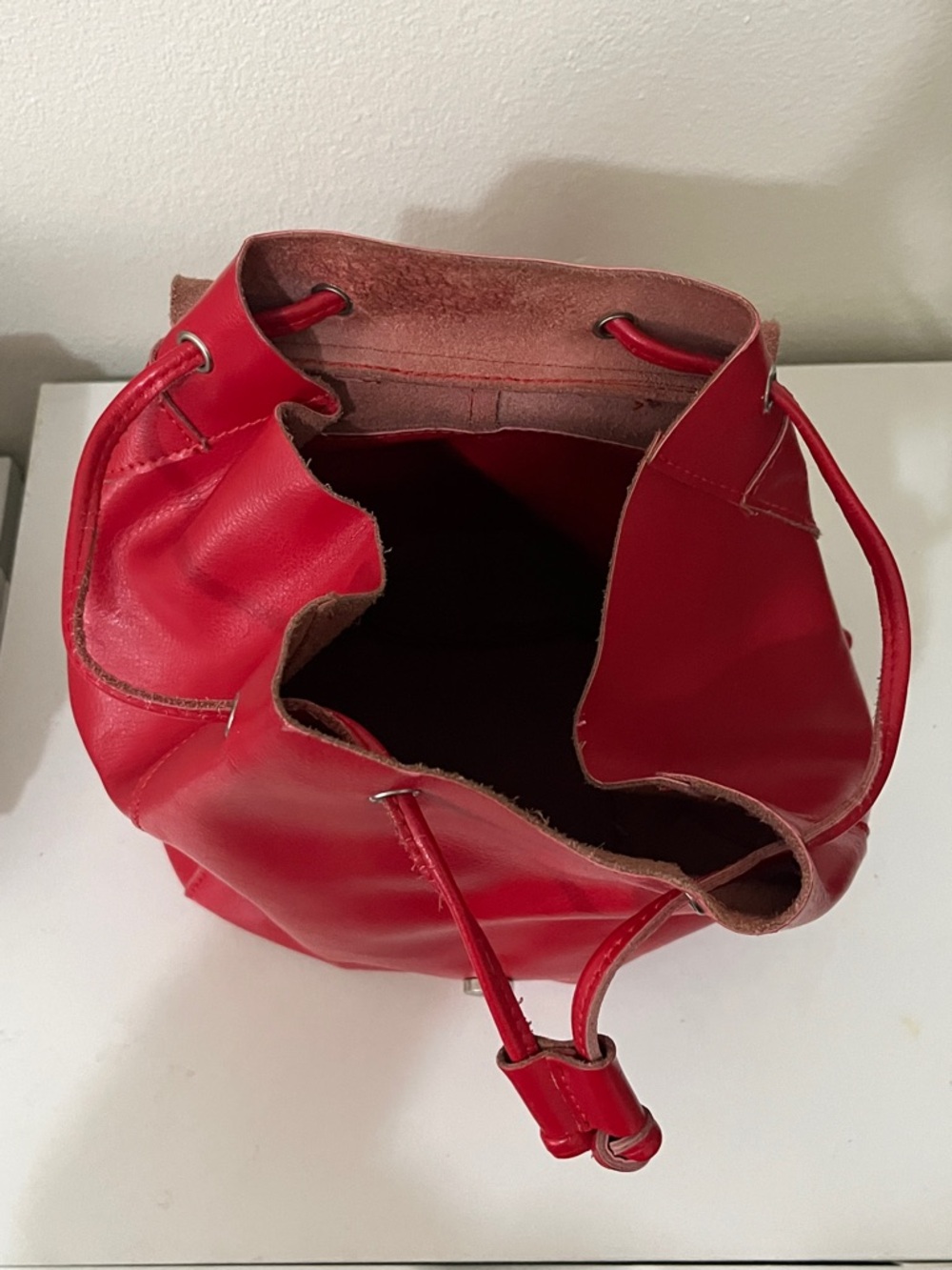 Colab Brand Red Leather Drawstring Backpack - Picture 2 of 3